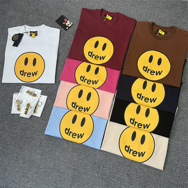 Drew Cnm Bieber Style Smiley Face Letter Short-Sleeve Unisex Pure Cotton Casual Trendy Brand Loose Short T-Shirt Couple Style