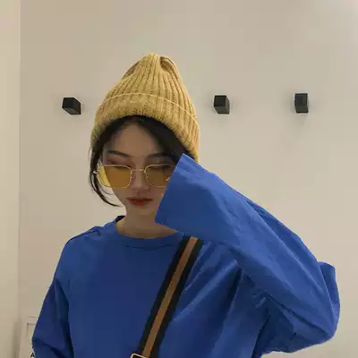 Hat female autumn and winter Korean version of ins yellow knitted wool hat cute rolled-up knitted hat men and women tide warm pullover