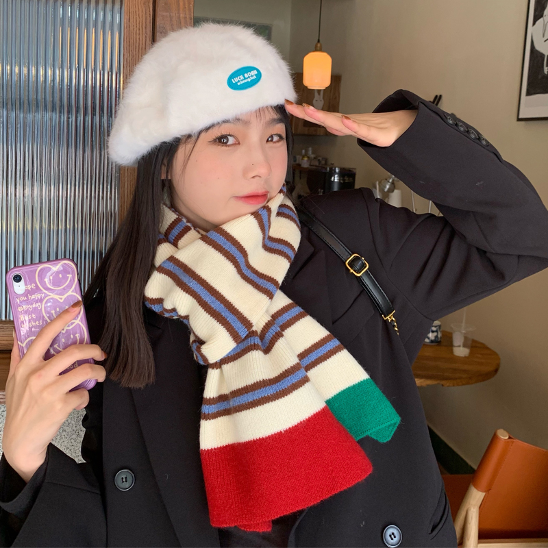 Sweet and cute true meaning Grandmother Korean tie Striped Scarf Woman Autumn Winter Warm Knit Surround Neck Leisure 100 hitch