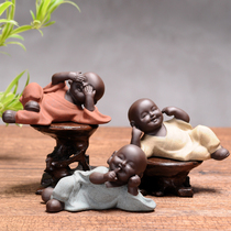 Creative and cute Buddha three little monks Tea pet ornaments Purple Sand boutique side lying do not listen do not look do not say can raise accessories