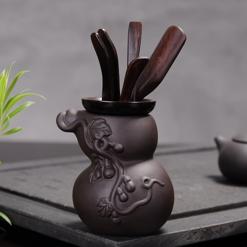 Purple sand Gourd Lotus Tea Ceremony Six gentlemen set Solid wood tea clip Ebony chicken wing wood Kung Fu tea set combination accessories