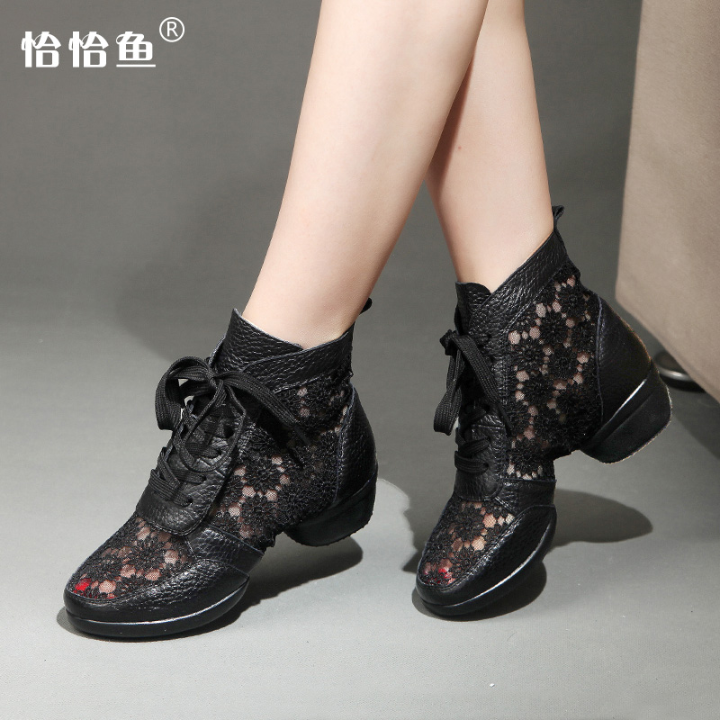 Precisely Fish Summer Dancing Shoes Genuine Leather Mesh Yarn Breathable Dance Shoes Women Adults Jazz Dance Shoes Soft Bottom Square Dance Shoes