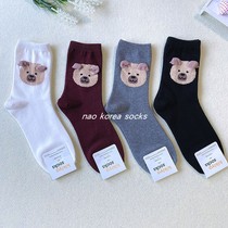 Korean cartoon mid-calf socks Dongdaemun kikiya cute cartoon three-dimensional bear womens socks cotton socks versatile stockings