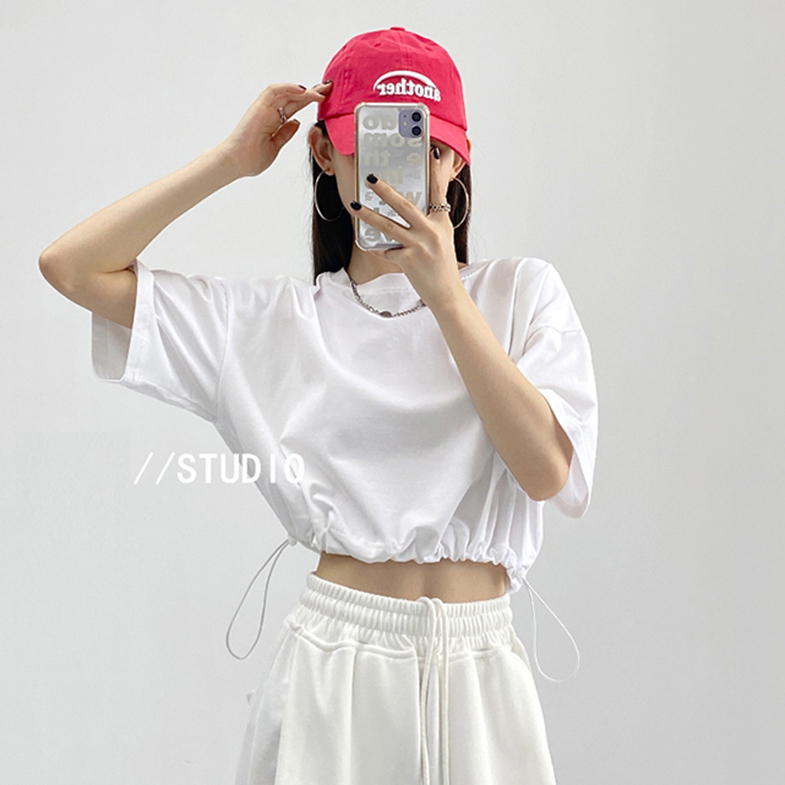 Short-Sleeved Women's Outfit with Denim Wide-Leg Pants, Cargo Pants, Dad Pants Paired with Dance Tops, High-Waisted Crop Top T-Shirt