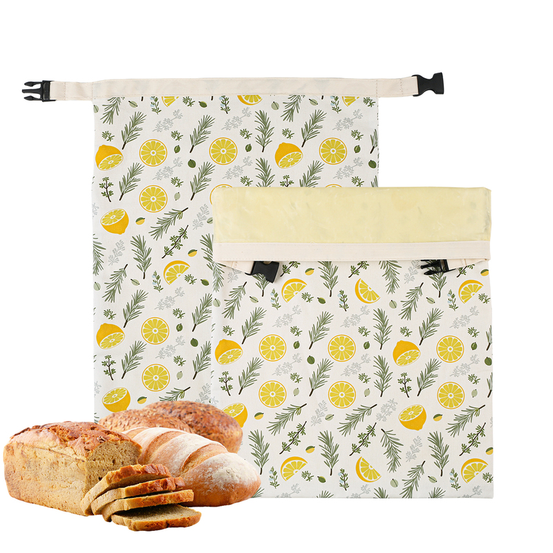 Lemon Rosemary Printed Beeswax Bread Bag, Reusable Pure Cotton Buckle Toast Storage Beeswax Preservation Bag