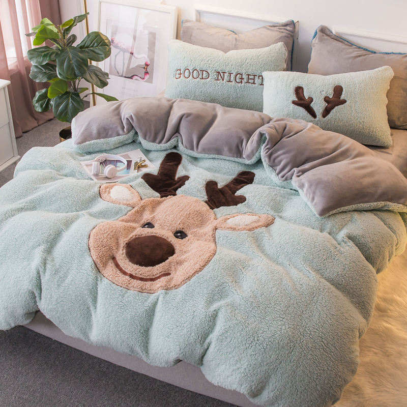 Lamb Baby Suede Four Pieces Double Sided Coral Suede Flannel Flannel Thickened Warm Winter Bed Linen Bed Bedding