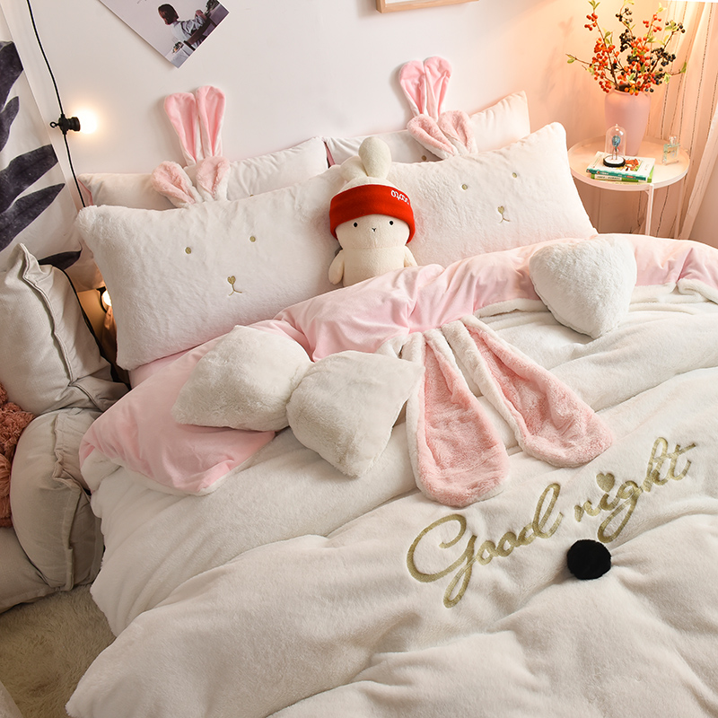 Rabbit Tutu Suede Four Sets Princess Wind Baby Suede Bed bed Girl Hearts Coral Suede Warm Bed Bedding Thickening