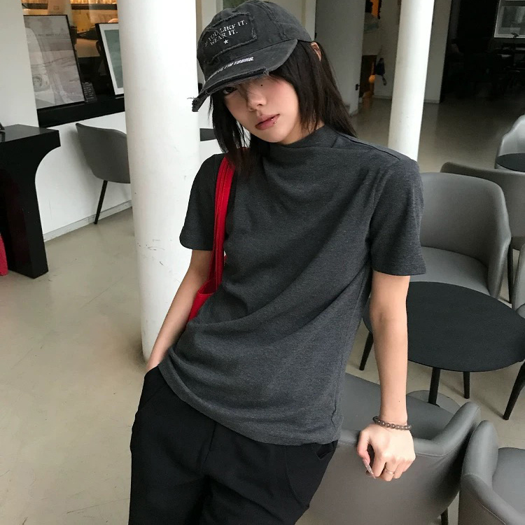 Iwtff High Quality Tencel Blended Cross One-Piece Collar Right Shoulder Chord Niche Design Knitted Slim Short-Sleeved T-Shirt Iwtff High Quality Tencel Blended Cross One-Piece Collar Right Shoulder Chord Niche Design Knitted Slim Short-Sleeved T-Shirt