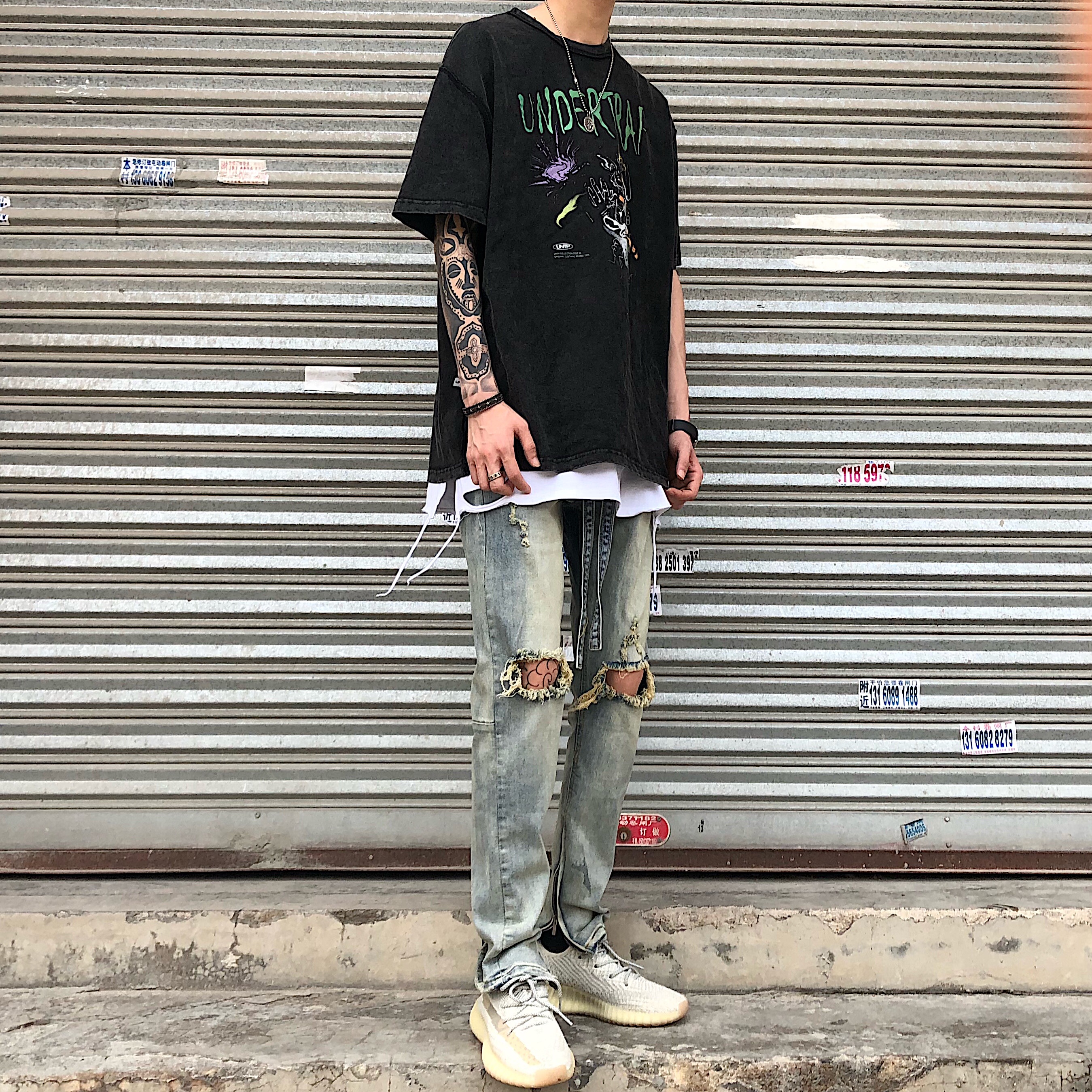 Hip hop FOG PANTS FOOT Jeans Casual retro High Street Repaired Knee Breaking Hole with Jeans Male Tide