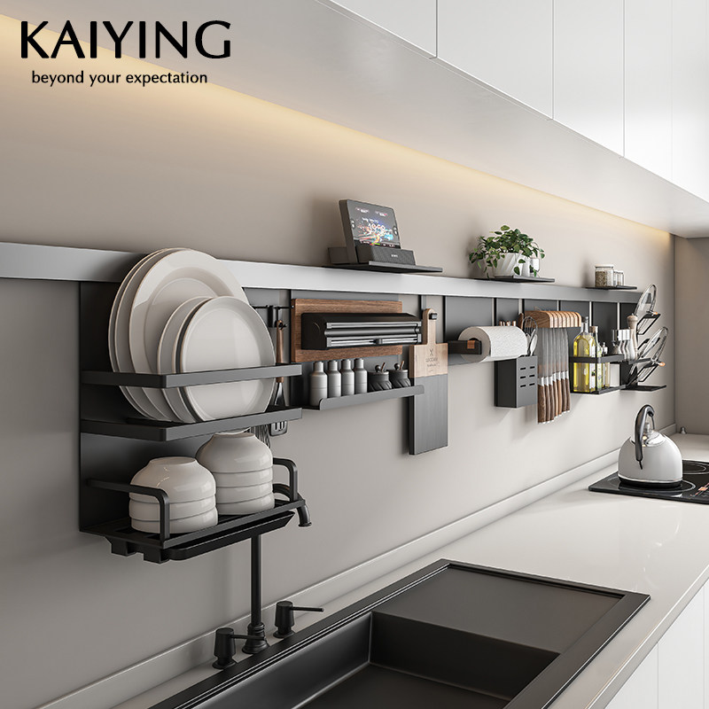 Алюминиевая кухонная стойка Kaiying punch-free space, настенный черный подвесной многофункциональный стеллаж для хранения посуды, держатель для ножей Изображение 1