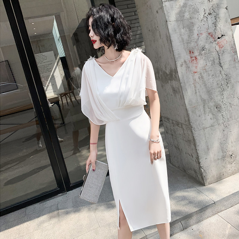 High-end light luxury niche white evening dress dress female banquet noble temperament party birthday dress usually can be worn