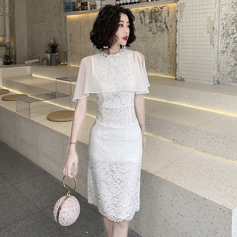 White lace small evening dress female 2021 new banquet temperament ladies light luxury niche dress usually can be worn