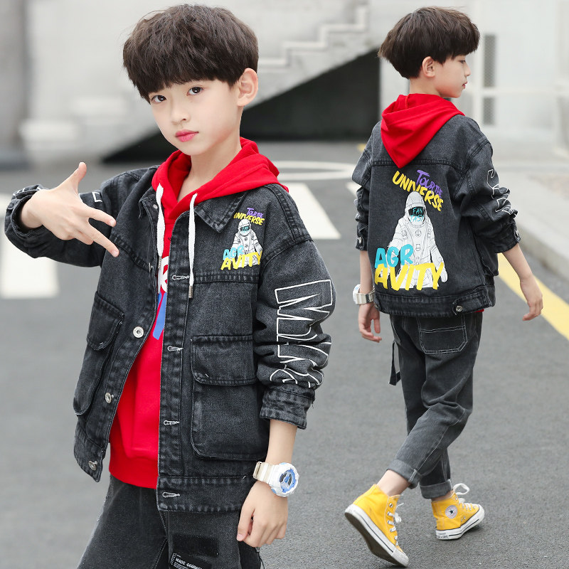 Children's suit boy spring suit 2022 new middle and big boy boy Korean version thick cotton T plus denim jacket two-piece set