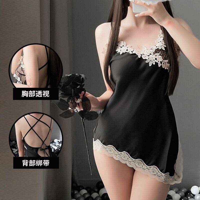 Back strap sexy lingerie pajamas female temptation perspective sexy nightdress thin section lace suspender skirt red white