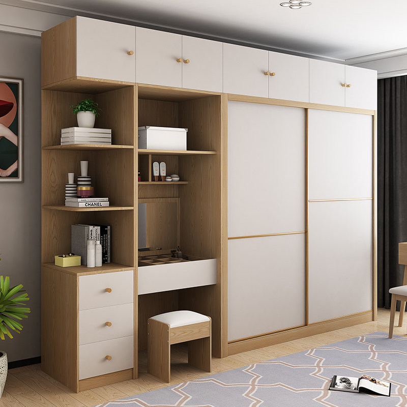 Wardrobe sliding door modern minimalist bedroom home assembly wardrobe Nordic wood color environmental protection sliding door overall cabinet