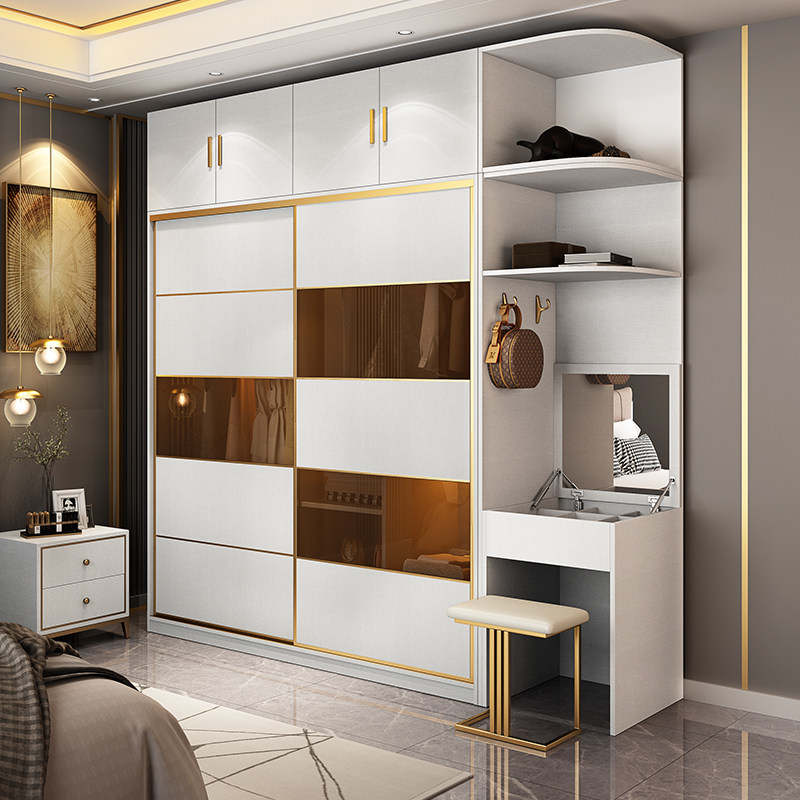 Light luxury sliding door wardrobe simple modern glass sliding door bedroom small household with cosmetic table wardrobe