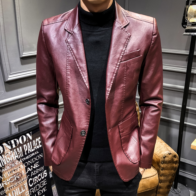 Autumn business casual simple suit collar leather men plus cotton thick leather jacket Young and middle-aged large size leather suit jacket