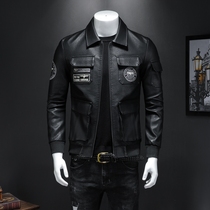 Mens motorcycle leather jacket trend 2021 new spring and autumn casual tooling short leather jacket men Korean handsome