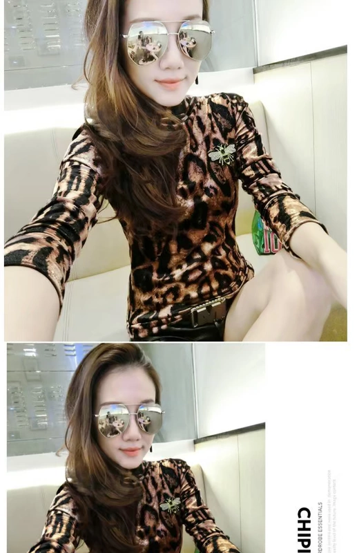 Châu Âu ga xuân hè mới gợi cảm cao cổ áo ngắn tay áo thun nữ da báo vàng nhung đáy áo