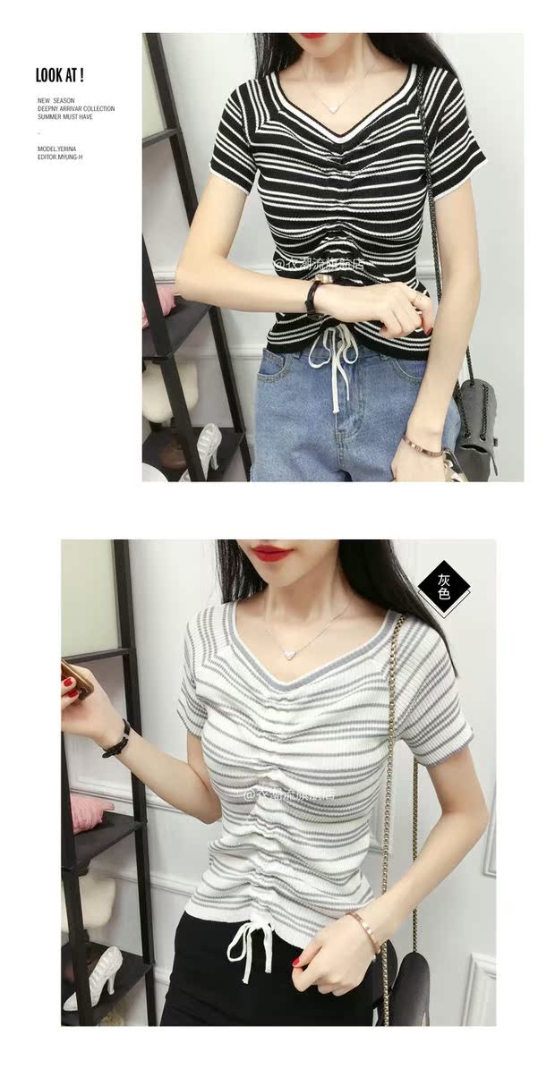 Mùa hè 2019 phiên bản mới của Hàn Quốc của dây rút cổ chữ V tay lụa ngắn đan lụa phần mỏng sọc áo sơ mi mỏng áo len kiểu hàn quốc cực đẹp