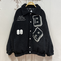 Teenagers polar fleece lapel baseball jacket older childrens black warm jacket adult loose coat 165-180cm