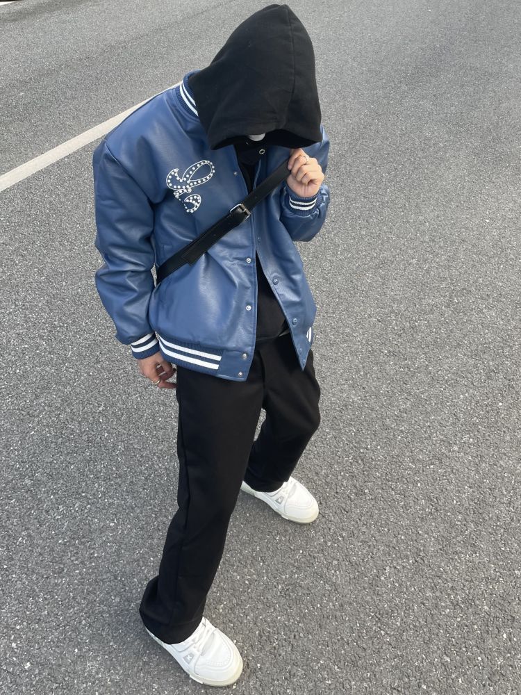 American high street vibe autumn and winter cotton jacket men ins trend PU leather baseball jacket Europe and the United States hip-hop pearl jacket