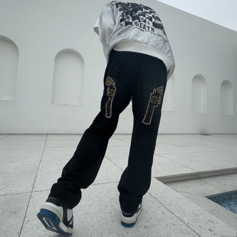 American street pistol embroidery jeans men and women European and American style high street niche ins loose straight casual trousers
