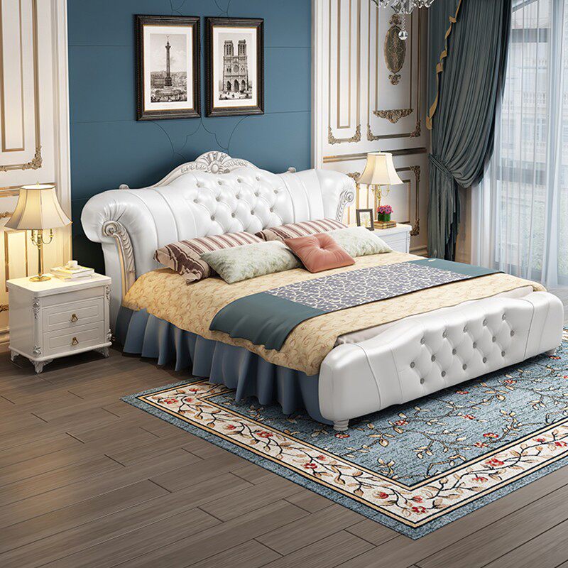 European-style double bed master bedroom high-end luxury tatami modern minimalist bedroom high box leather solid wood light luxury big bed