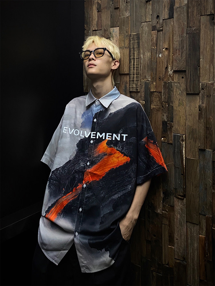 EAHO earthlinghoo Volcano digital printing trend street short-sleeved loose summer shirt for men and women