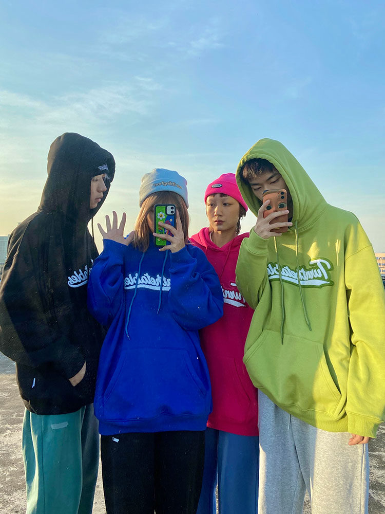 (earthlinghoo)turnthetables print towel embroidery trend hooded loose rainbow sweater