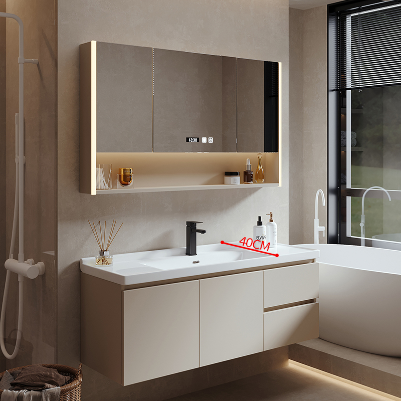 40-Inch Deep Ceramic Integrated Basin Bathroom Cabinet Set for Small Apartments, Cream-Style Bathroom Washbasin and Sink