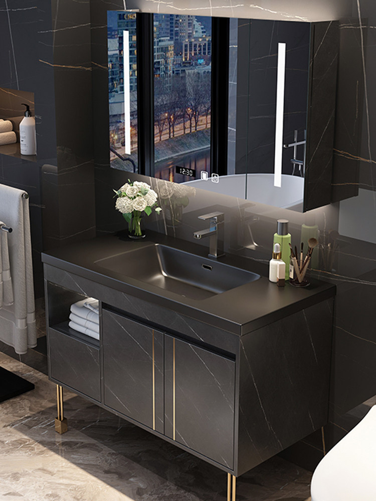 Rock board bathroom cabinet Intelligent powder room wash hands Wash basin cabinet combination Modern simple one-piece basin Floor-to-ceiling