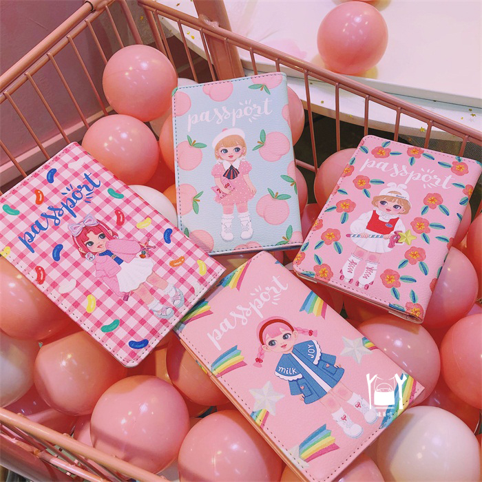 Cô gái dễ thương màu hồng phim hoạt hình cô gái giữ hộ chiếu Hàn Quốc da nữ du lịch tài liệu túi đa chức năng ví đựng card hàng hiệu
