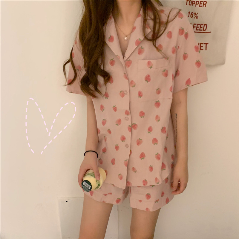 Han edition in short sleeve printed pajamas two pieces of female summer thin loose sweet and cute strawberry home suit