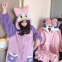 Coral velvet lady autumn plus thick long robe dress cute cartoon two pieces of Donald Duck home suit