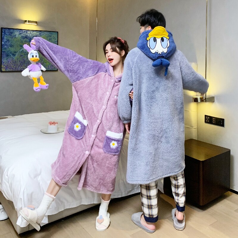 Cute couple's nightgown women's autumn and winter plus velvet thickened coral velvet vibrating pajamas long bathrobe home service men