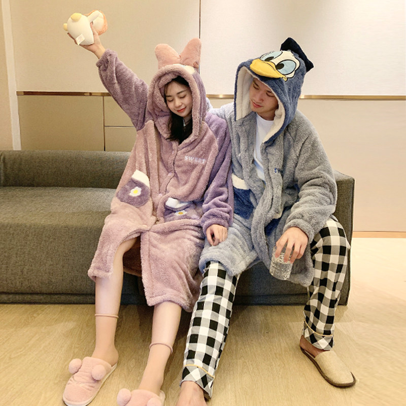 Couple pajamas autumn and winter coral fleece nightgown men and women cartoon cute thick plus velvet warm home service flannel