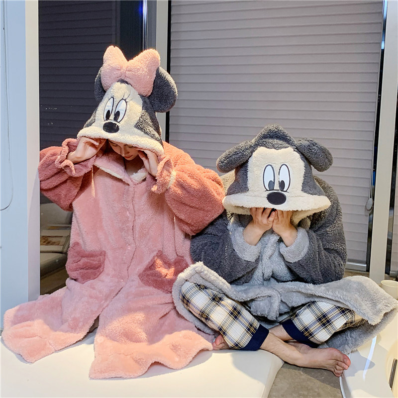 Pajamas women's autumn and winter coral fleece cartoon cute thickened flannel long version couple nightgown bathrobe home service men