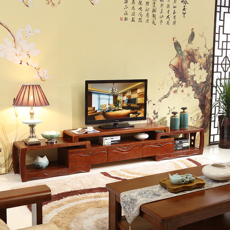 Solid wood TV cabinet modern Chinese style low cabinet simple locker living room free telescopic floor cabinet