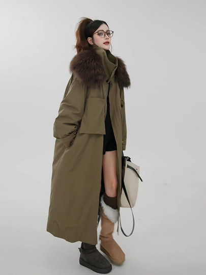 原创设计感大毛领工装羽绒服女2025冬新款风衣外套中长款休闲大衣