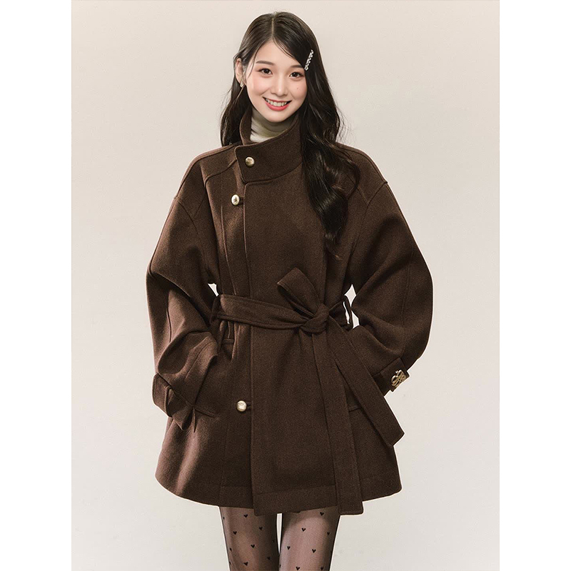 Down-Lined Thickened High-End Woolen Coat with Stand Collar for Women, 2025 Winter New Style, Lace-Up Elegant Woolen Overcoat