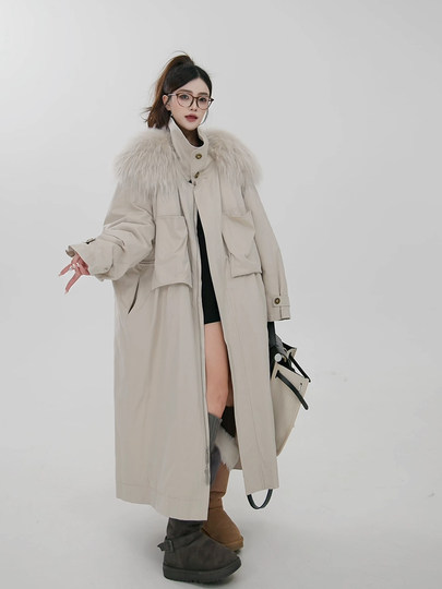 白色长款羽绒服女2025新款加厚保暖90白鸭绒可拆卸大毛领风衣外套