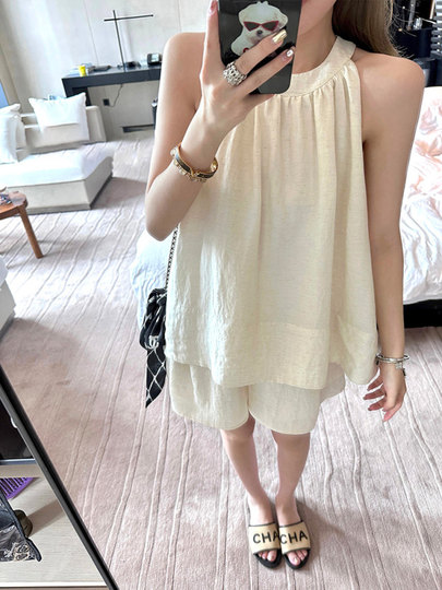 白色亚麻套装女2025夏季新款小个子韩系两件套无袖上衣短裤度假风