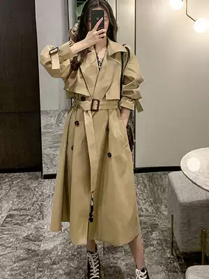 2021 spring and autumn khaki windbreaker women's long version of advanced sense over the knee big brand temperament small man tooling coat