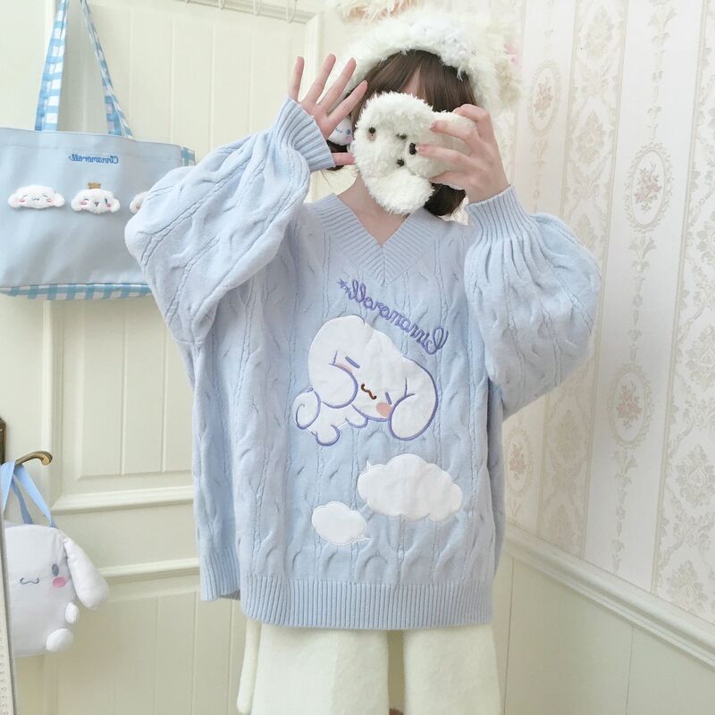 Sanrio Cinnamoroll Autumn and Winter V-Neck Loose Casual Style Embroidered Sweater Versatile Pullover Knit Top
