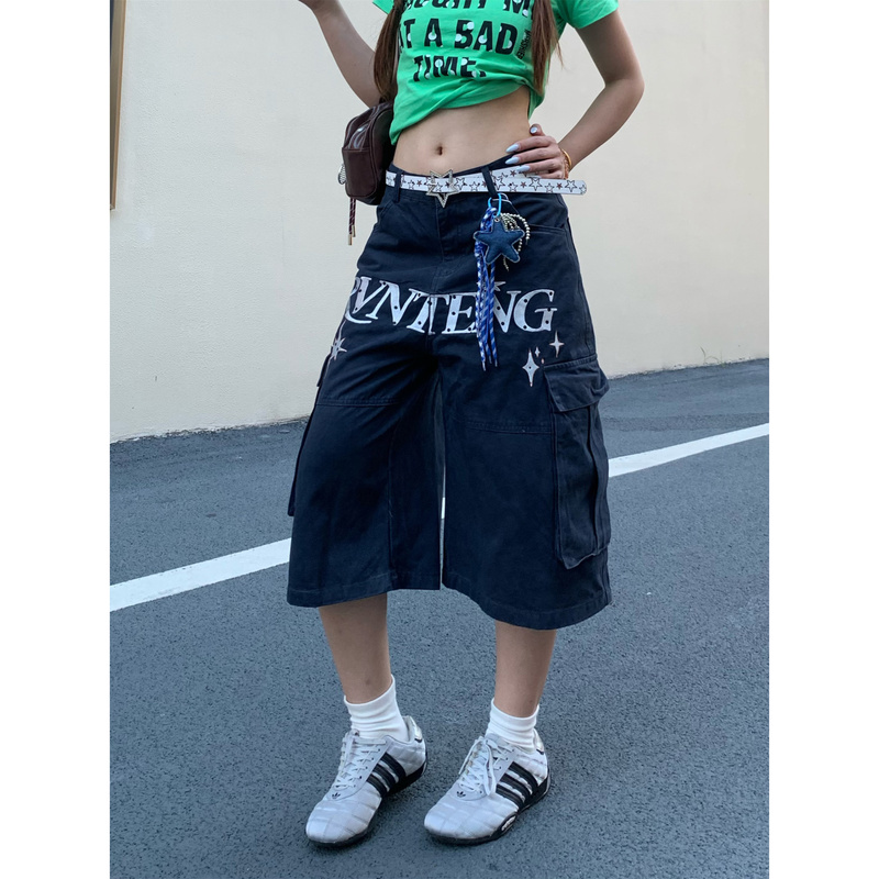 Jiaoni American Retro Embroidered Star Letter Loose Multi-Pocket Cargo Capri Pants Blue Casual Mid-Length Pants