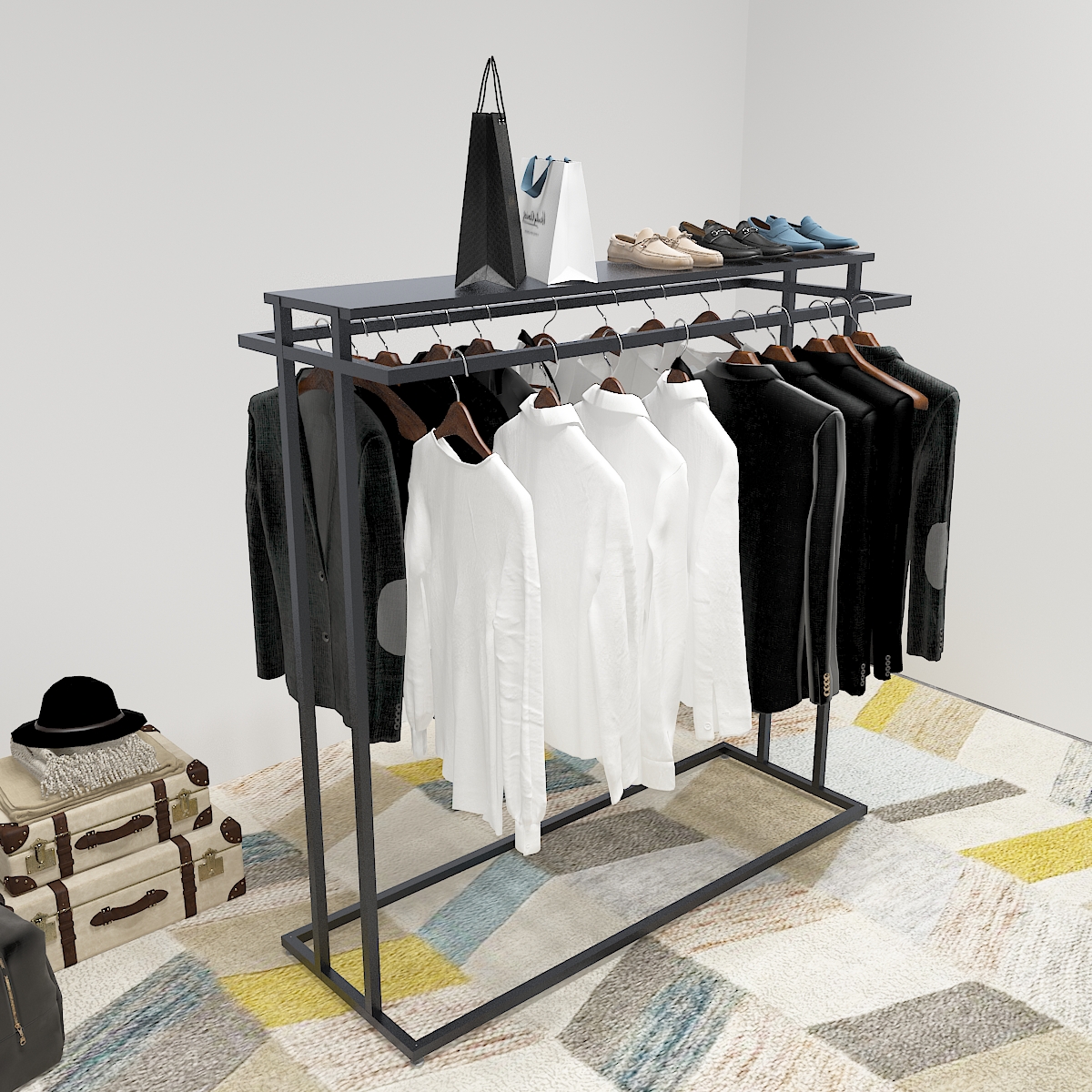 Simple clothing store double sided of the island frame on display men and women clothes children's clothing double row middle rack hanging rack