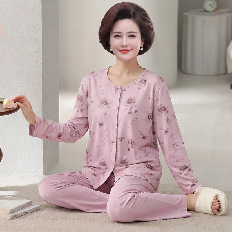 Middle-Aged and Elderly Women's Pajamas, Long-Sleeved Pure Cotton Set, Spring and Autumn, Mother-In-Law's All-Cotton Cardigan, Thin Home Wear Middle-Aged and Elderly Women's Pajamas, Long-Sleeved Pure Cotton Set, Spring and Autumn, Mother-In-Law's All-Cotton Cardigan, Thin Home Wear