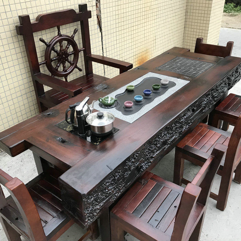 Old boat wood minimalist living-room office large tea table keel Kung Fu tea Taichung style solid wood furniture tea table chair combination