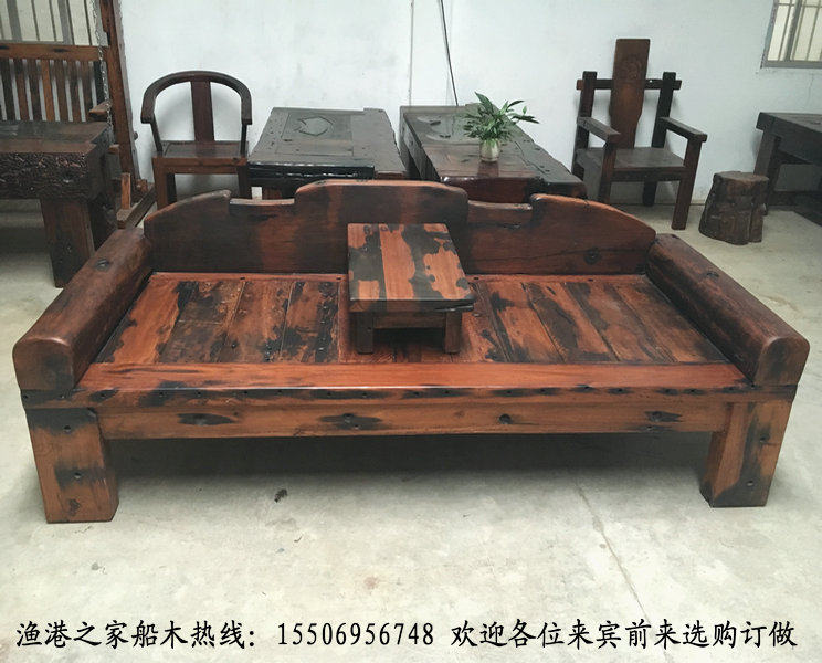 Old boat wood Luohan bed antique boat wooden concubine solid wood sofa bed double bed original ecological boat wooden furniture